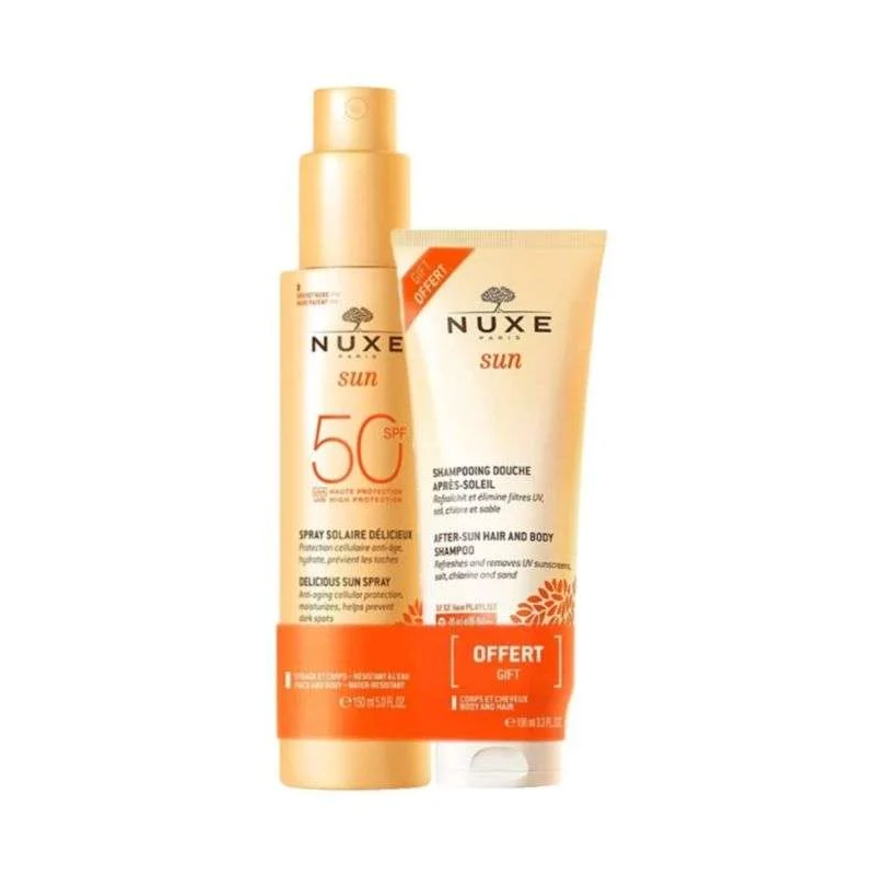NUXE OFFRE SUN SPRAY SOLAIRE DELICIEUX 150 ML SPF 50+ SHAMPOING DOUCHE APRES SOLEIL 100 ML