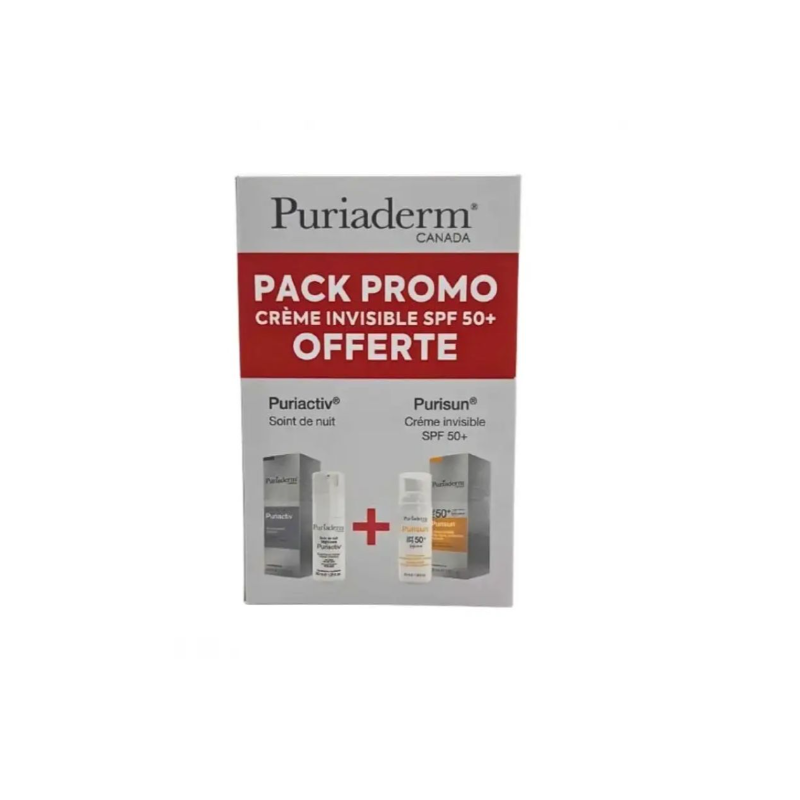 PURIADERM PURIACTIV SOIN DE NUIT 30ML + PURISUN ECRAN INVISIBLE SPF 50+ 50ML OFFERT PROMO